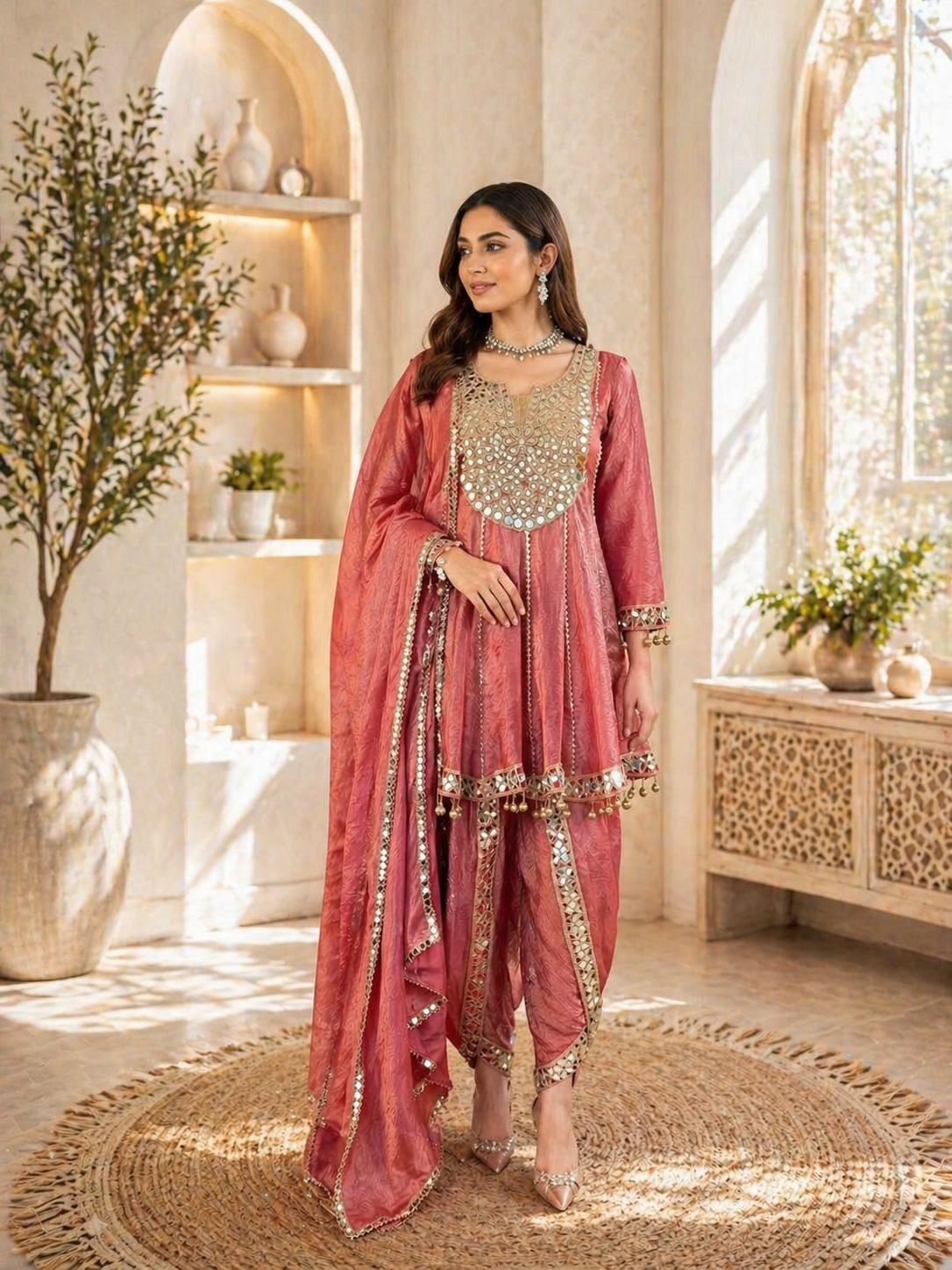 Royal Rose Pink Mirror Work Dhoti Style Suit Set