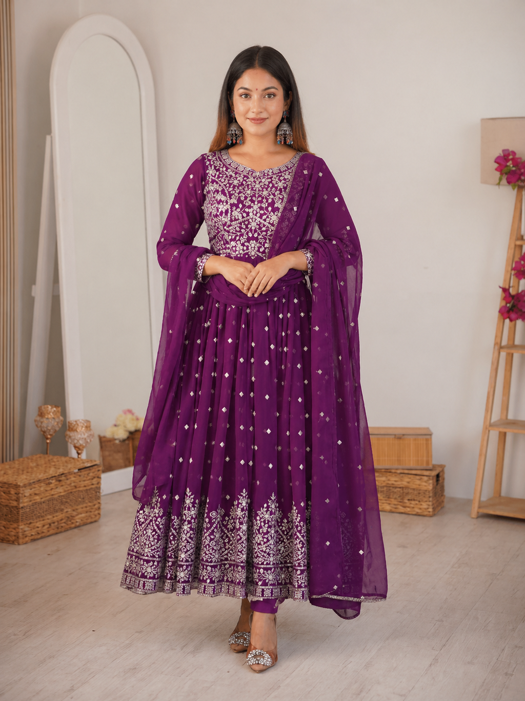 Purple Designer Embroidered Faux Georgette Anarkali Suit