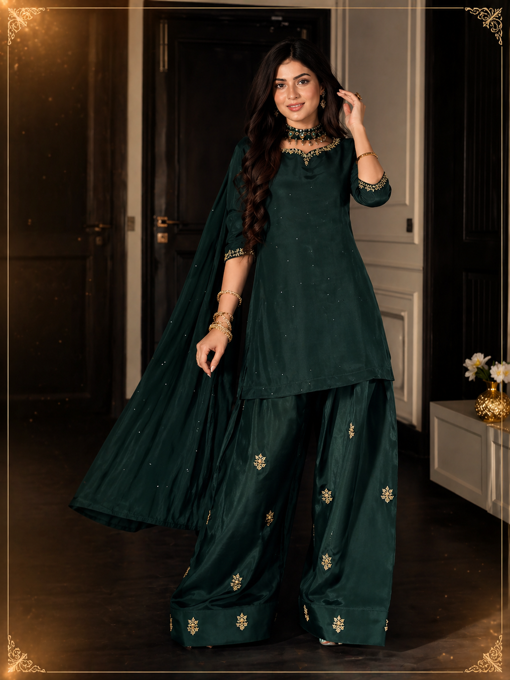 Emerald Green Pearl Work Designer Palazzo Suit Set