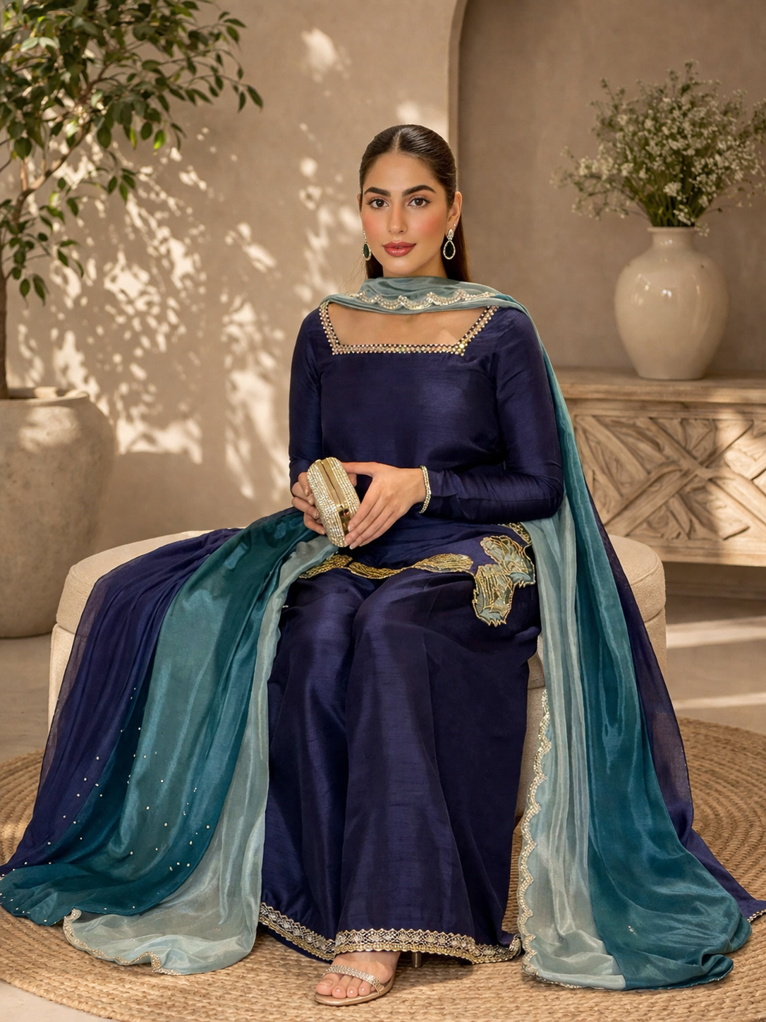 Royal Blue Embroidered Pakistani Palazzo Suit Set