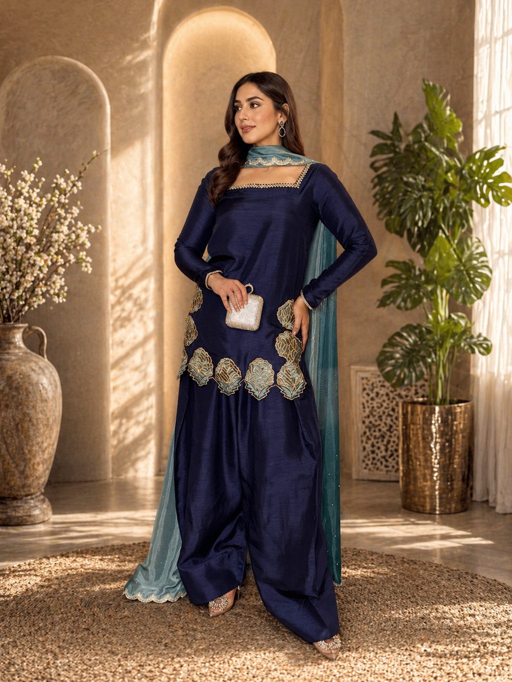 Royal Blue Embroidered Pakistani Palazzo Suit Set
