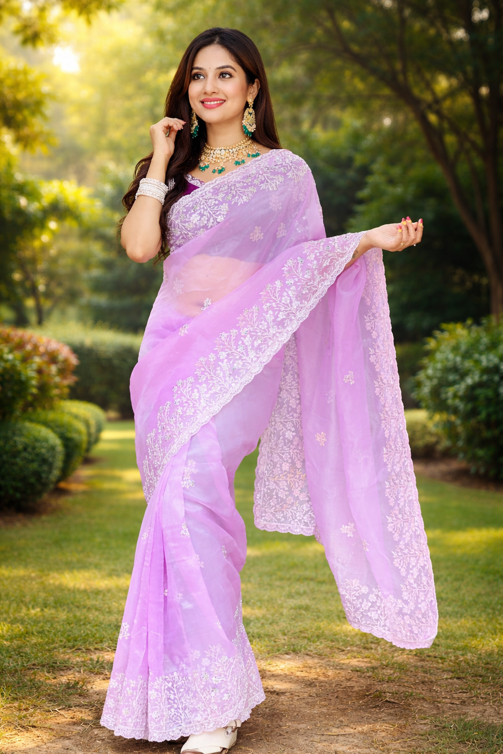 Lavender Organza Embroidery Cutwork Saree