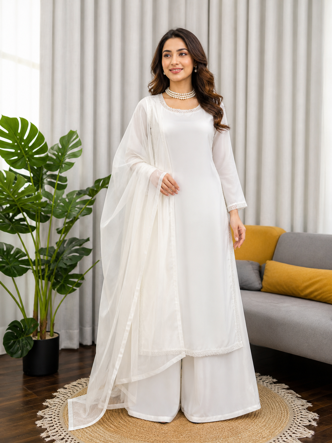 White Designer Natural Crepe Palazzo Suit Set