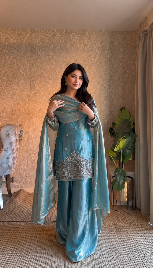 Aqua Blue Fendy Silk Embroidered Pakistani Suit Set