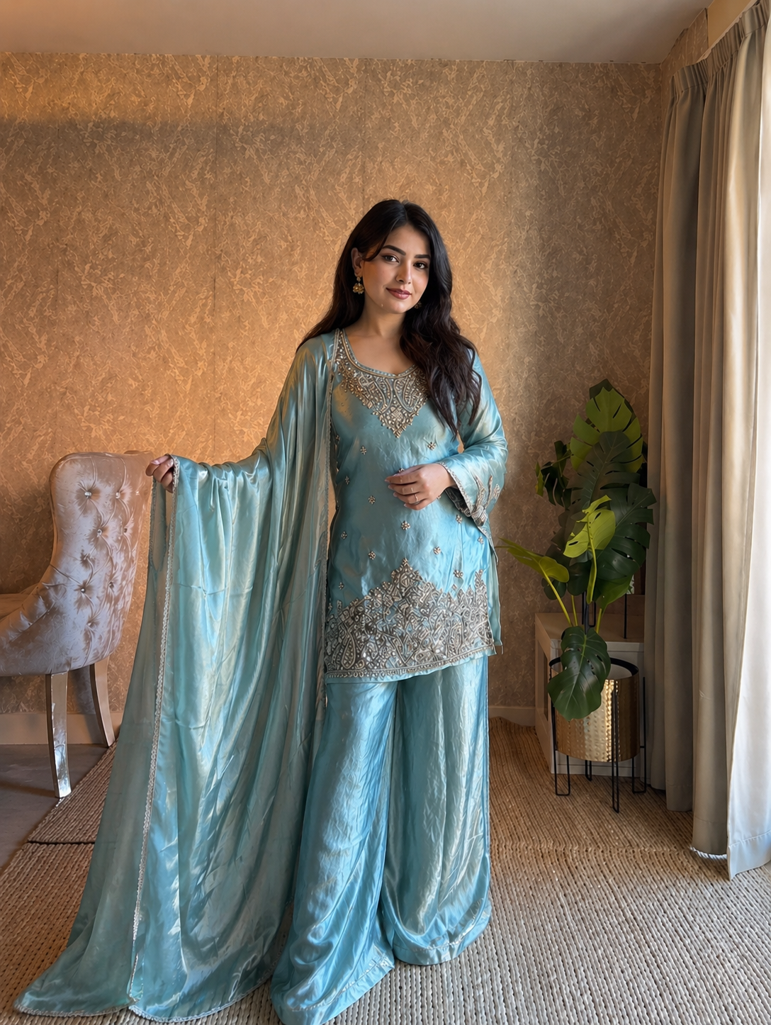 Aqua Blue Fendy Silk Embroidered Pakistani Suit Set