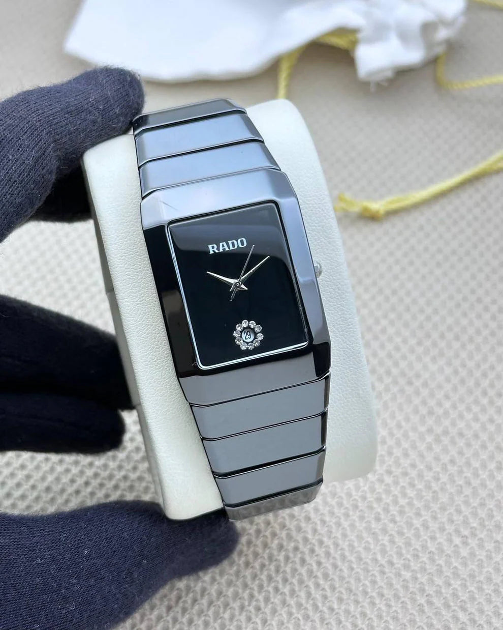 Rado Square Silver Black Dial Ceramic Belt