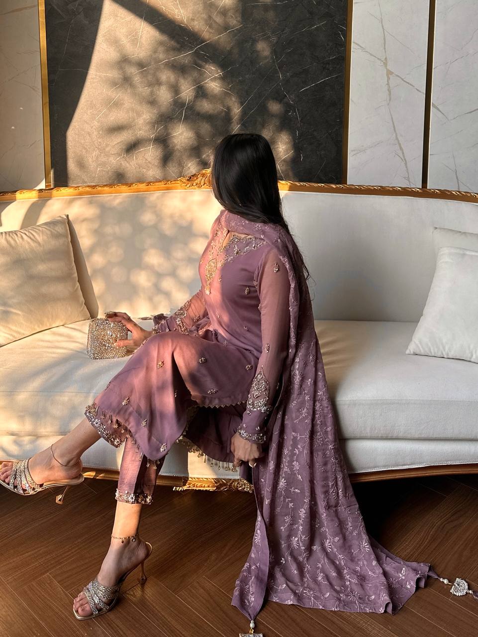 Signature Onion Color Embroidery Work With Beads Three Piece Suit