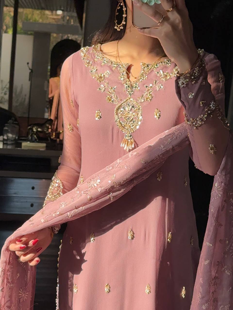 Signature Onion Color Embroidery Work With Beads Three Piece Suit