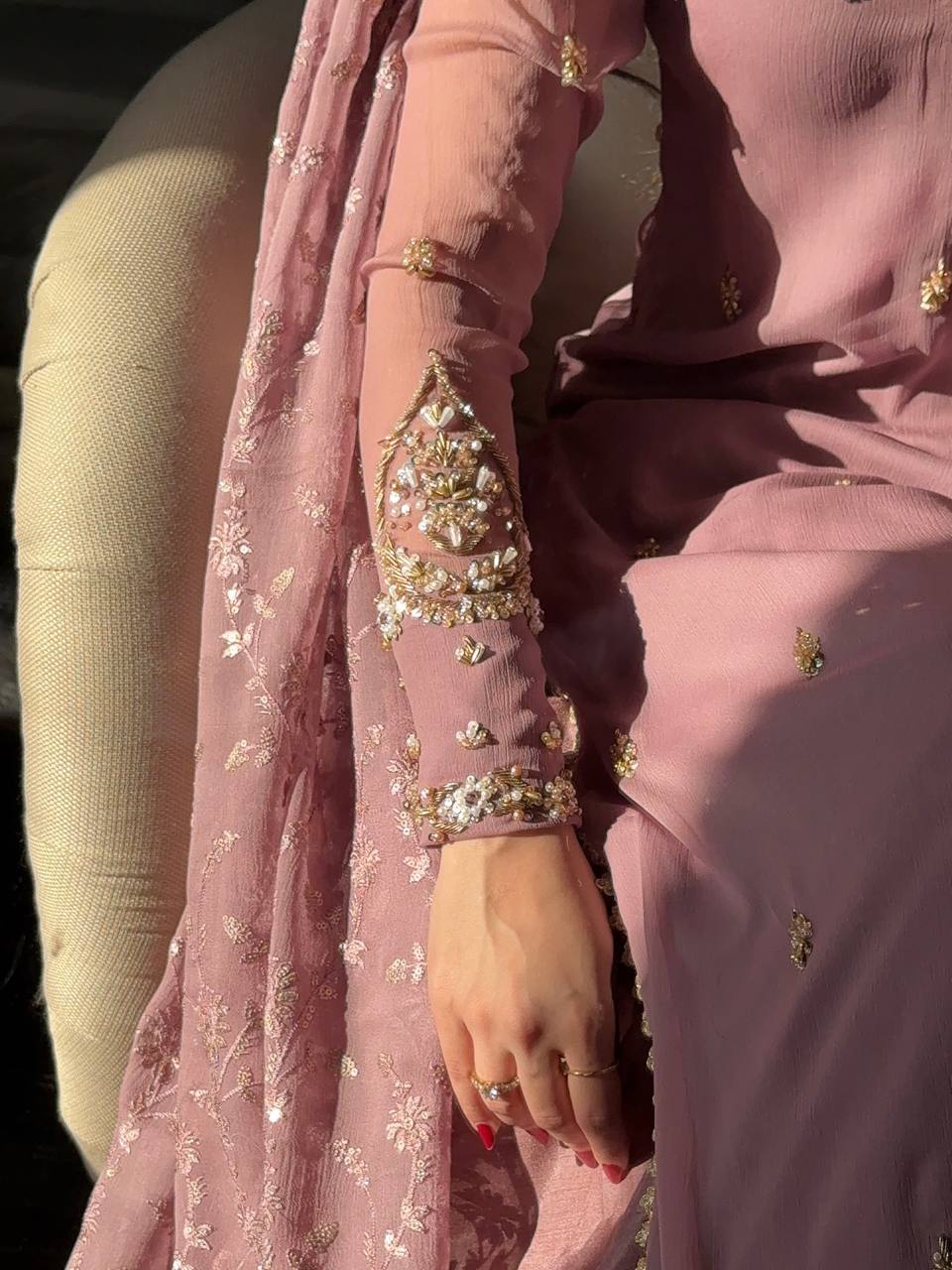 Signature Onion Color Embroidery Work With Beads Three Piece Suit