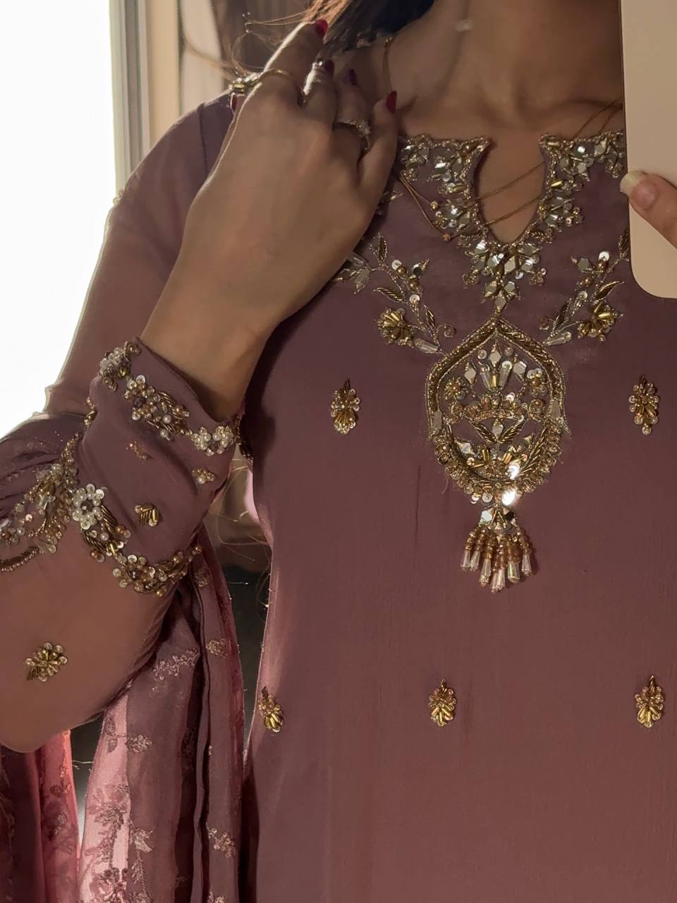 Signature Onion Color Embroidery Work With Beads Three Piece Suit