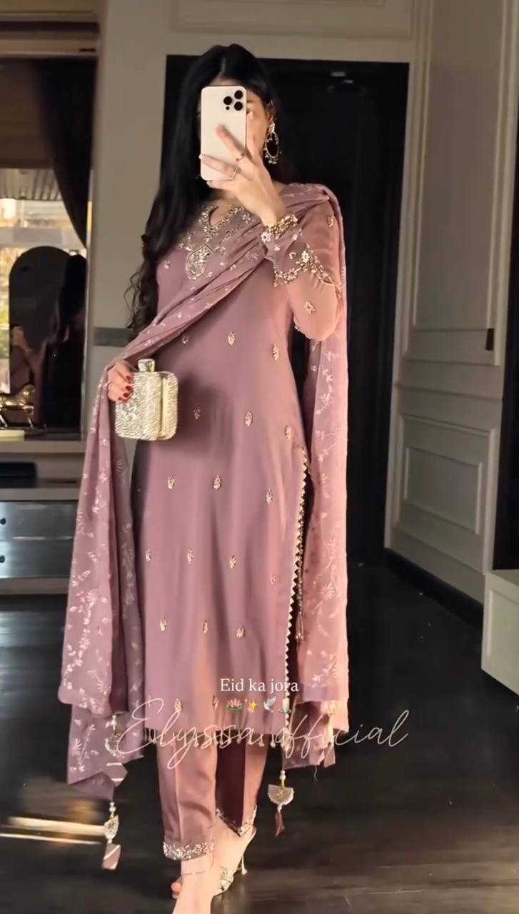 Signature Onion Color Embroidery Work With Beads Three Piece Suit