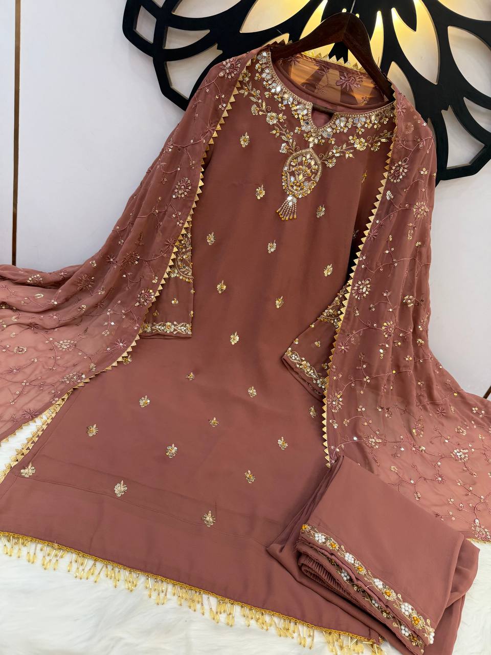 Signature Onion Color Embroidery Work With Beads Three Piece Suit