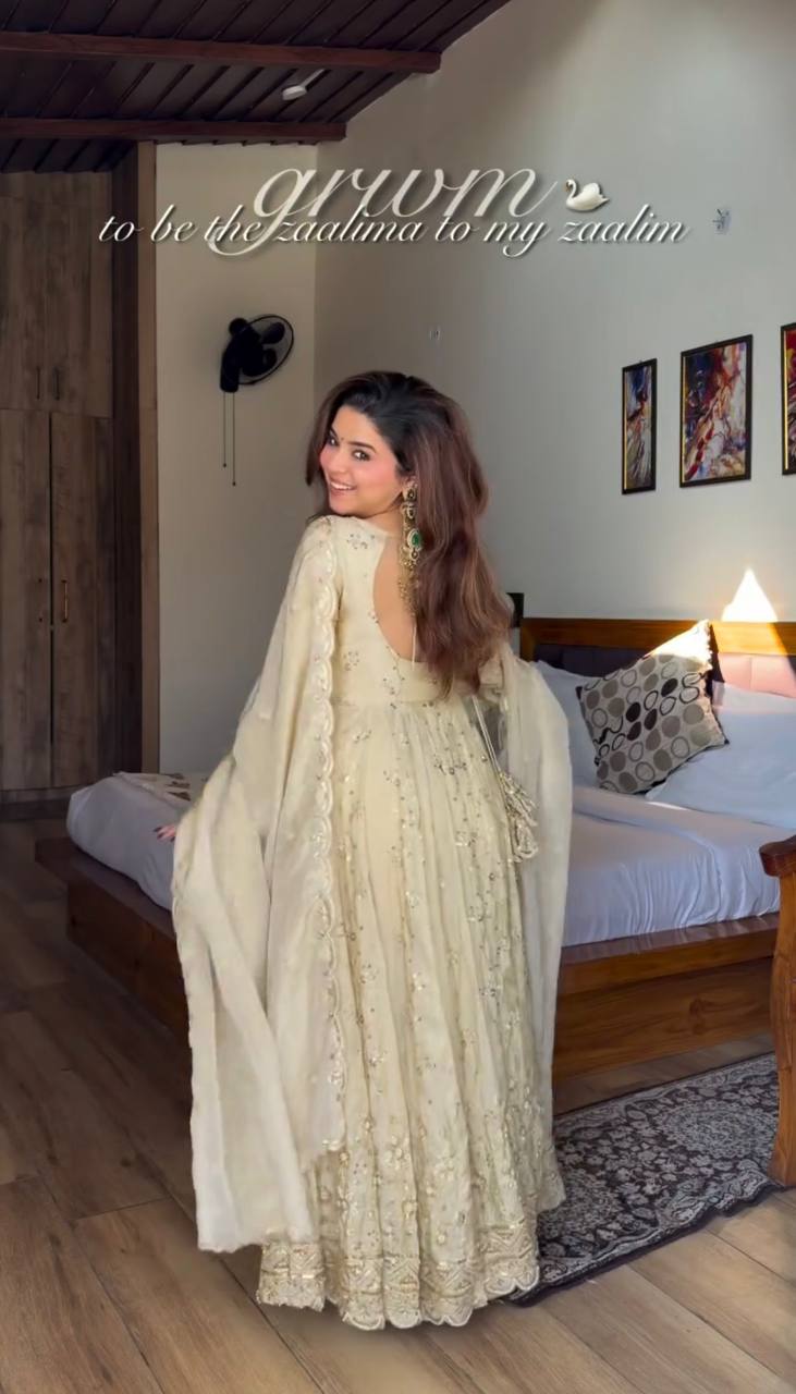 Beautiful Off White Colour Heavy Embroidery Work Long Gown With Dupatta Set