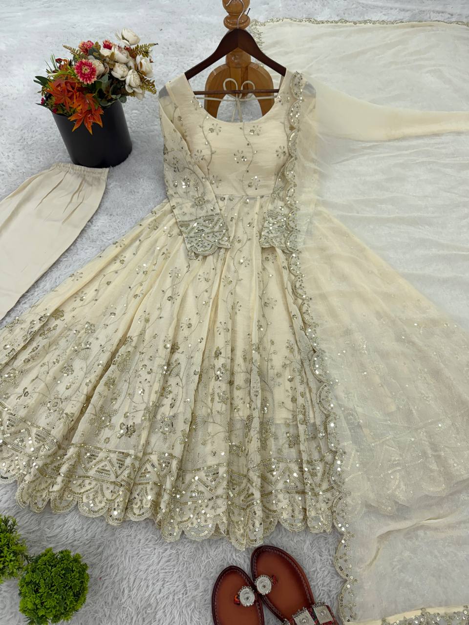 Beautiful Off White Colour Heavy Embroidery Work Long Gown With Dupatta Set
