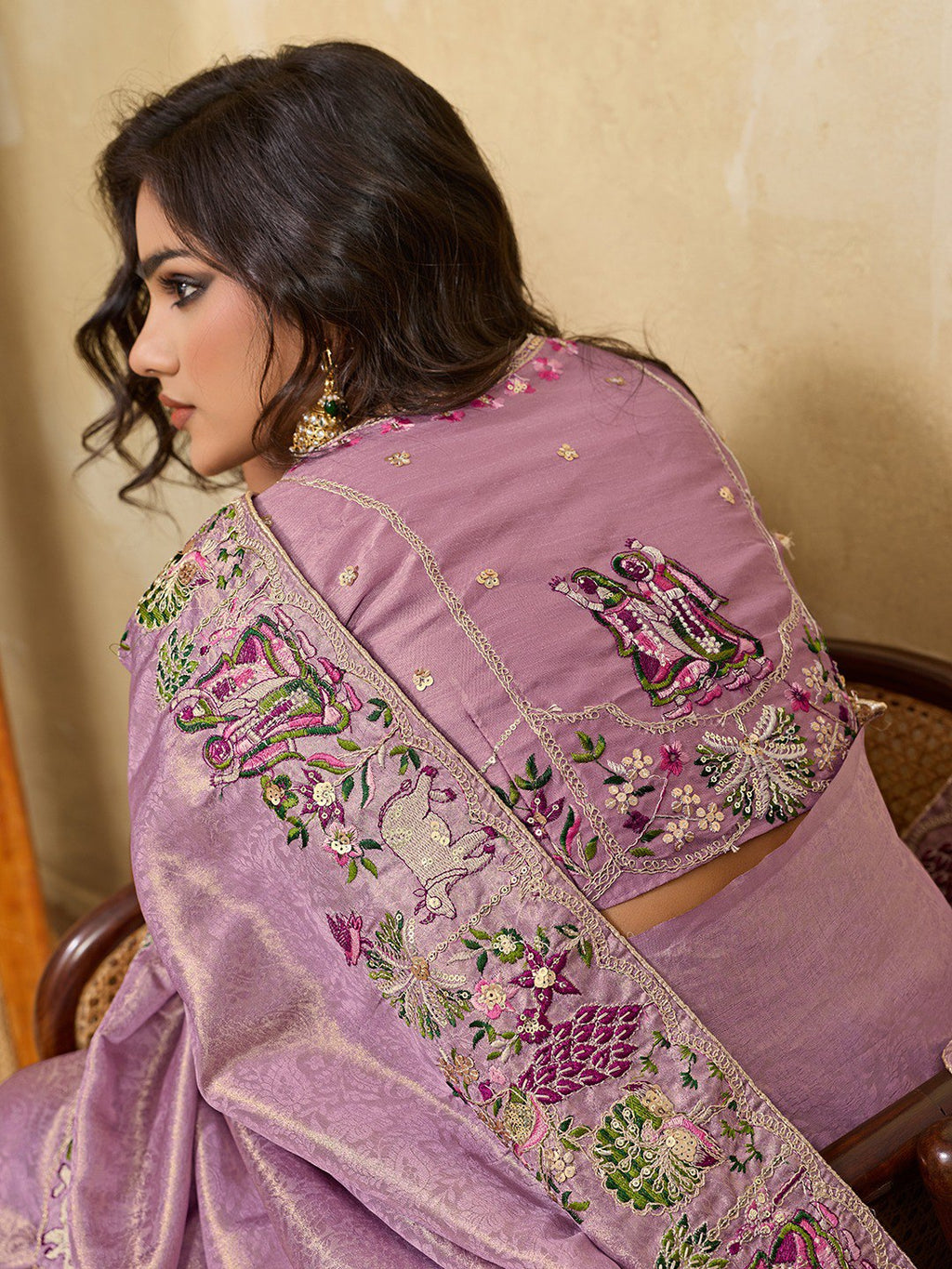 Soft Kanjiwarm Silk Lavender Color Beads Embroidery Work Saree