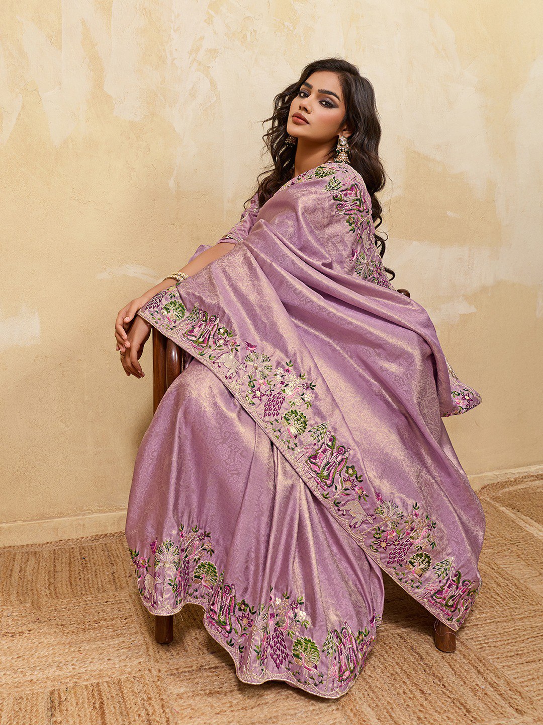 Soft Kanjiwarm Silk Lavender Color Beads Embroidery Work Saree