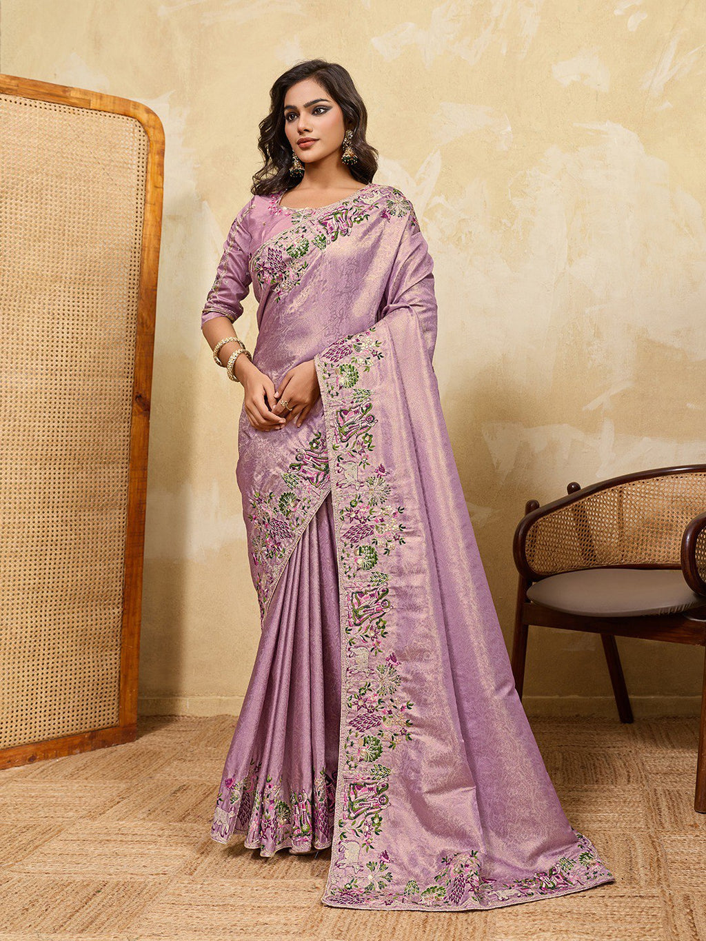 Soft Kanjiwarm Silk Lavender Color Beads Embroidery Work Saree