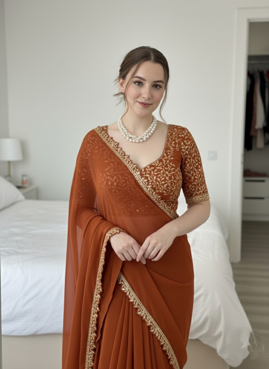 Designer Rust Brown Rangoli Silk Saree With Unstitch Blouse