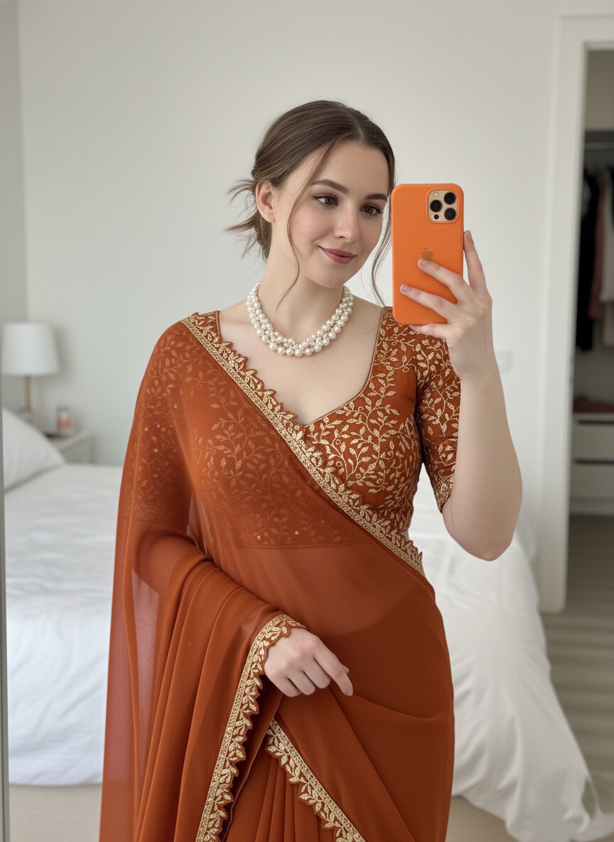 Designer Rust Brown Rangoli Silk Saree With Unstitch Blouse