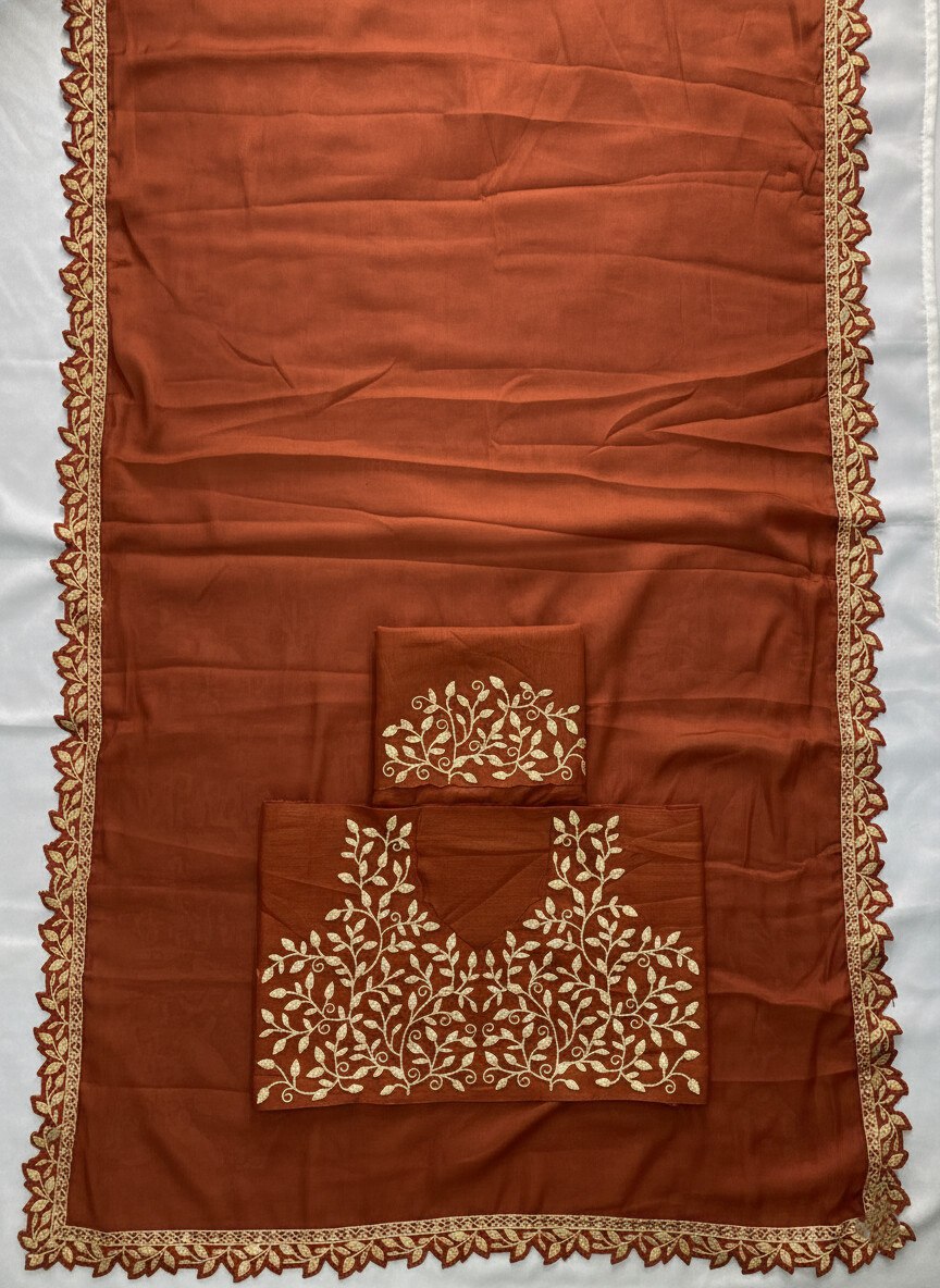 Designer Rust Brown Rangoli Silk Saree With Unstitch Blouse
