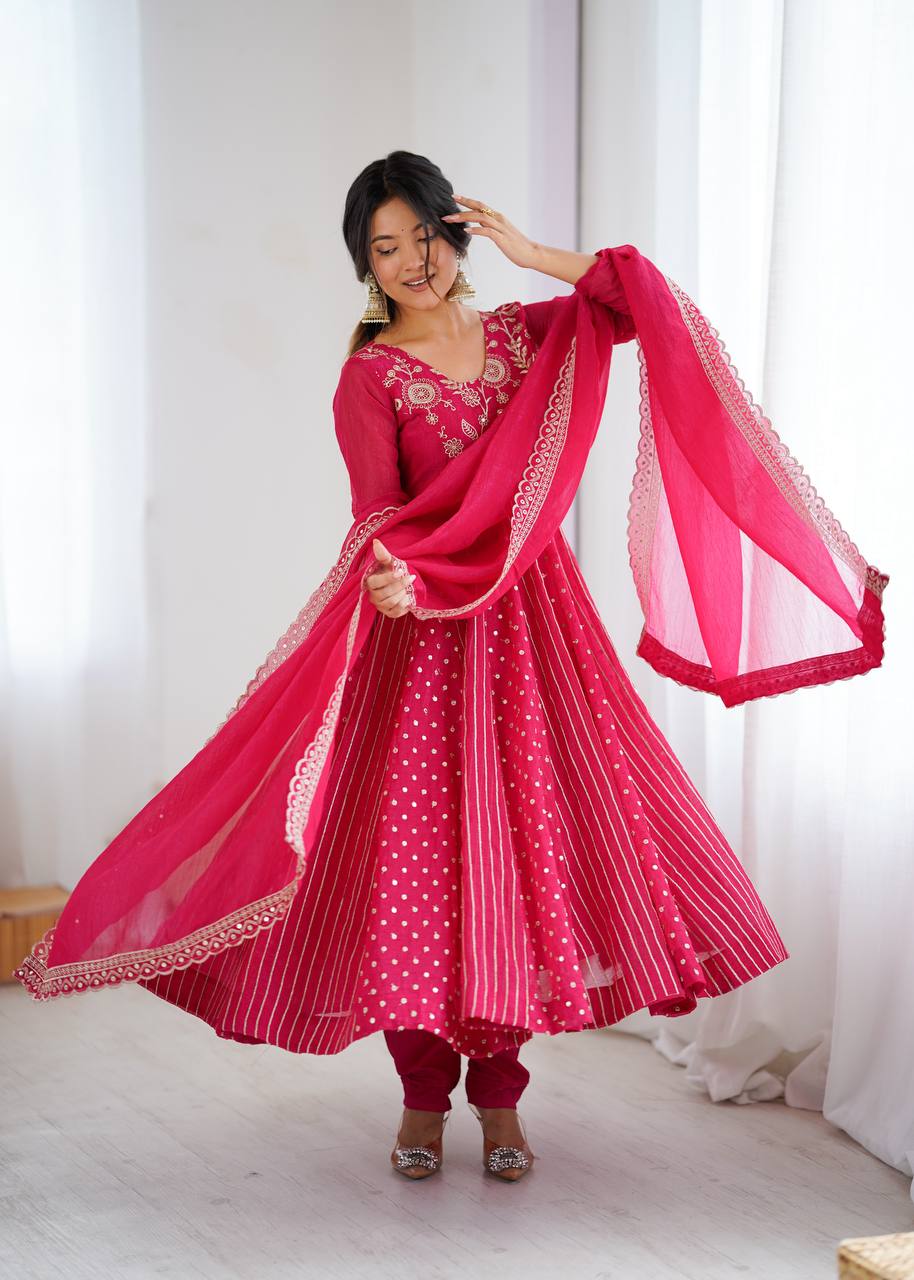 Rani Color Crunchy With Embroidery Work Special Occasion Anarkali Suit