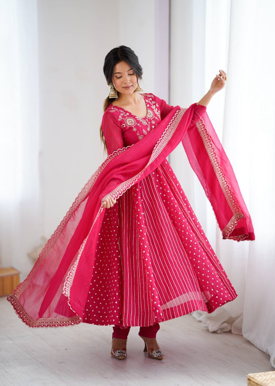 Rani Color Crunchy With Embroidery Work Special Occasion Anarkali Suit