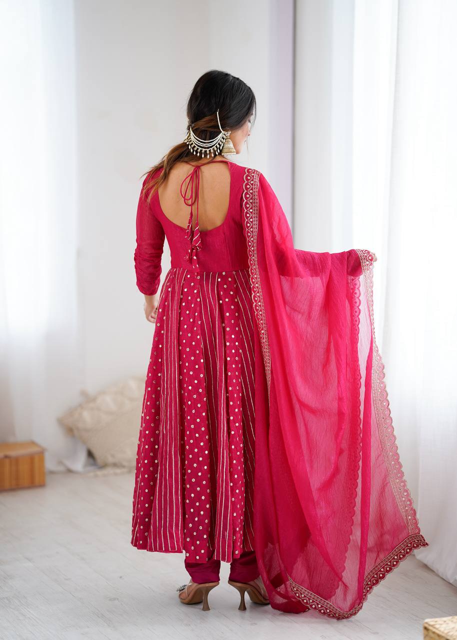 Rani Color Crunchy With Embroidery Work Special Occasion Anarkali Suit