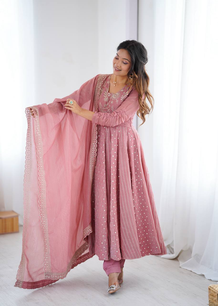 Rose Pink Color Crunchy With Embroidery Work Special Occasion Anarkali Suit