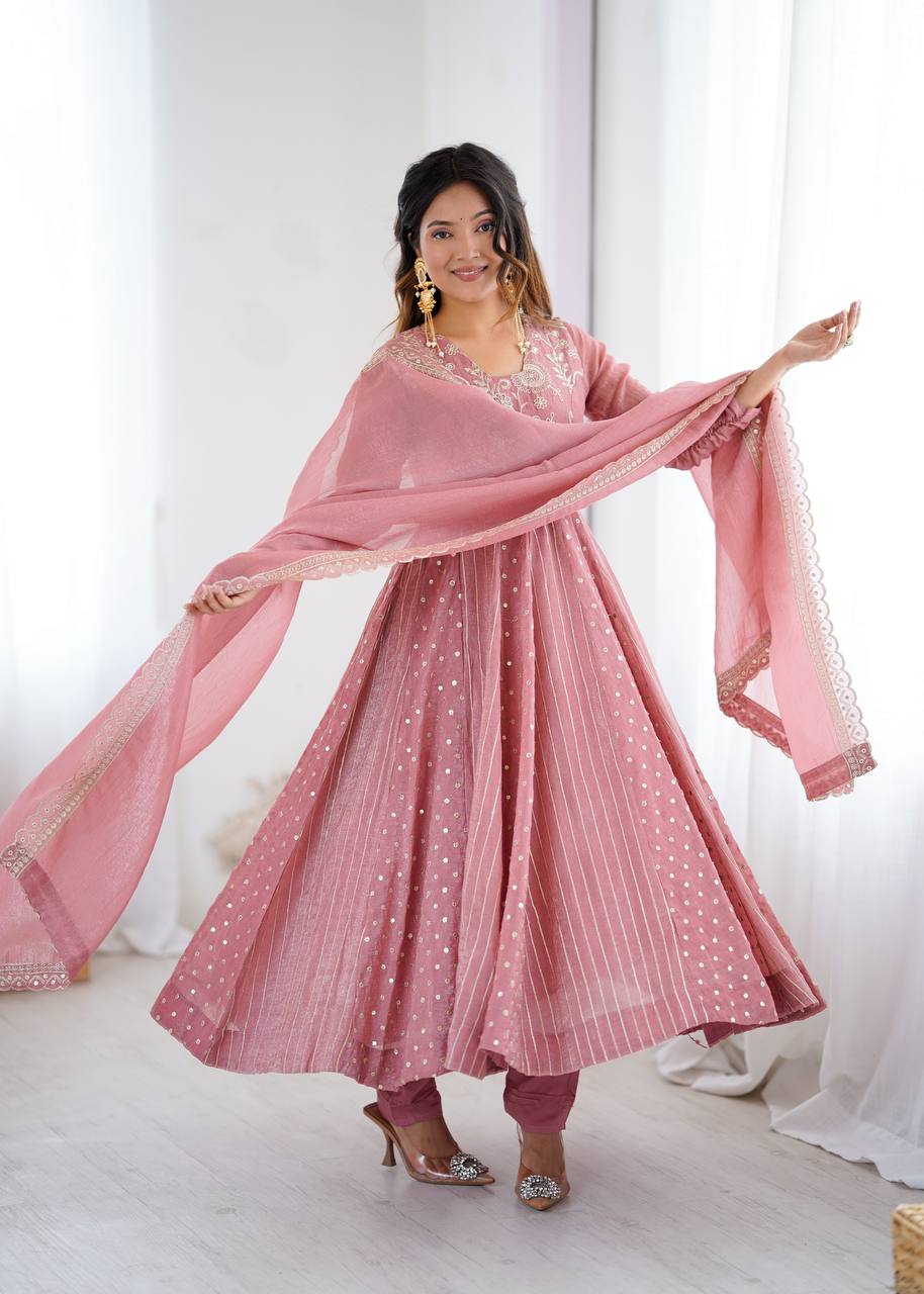 Rose Pink Color Crunchy With Embroidery Work Special Occasion Anarkali Suit