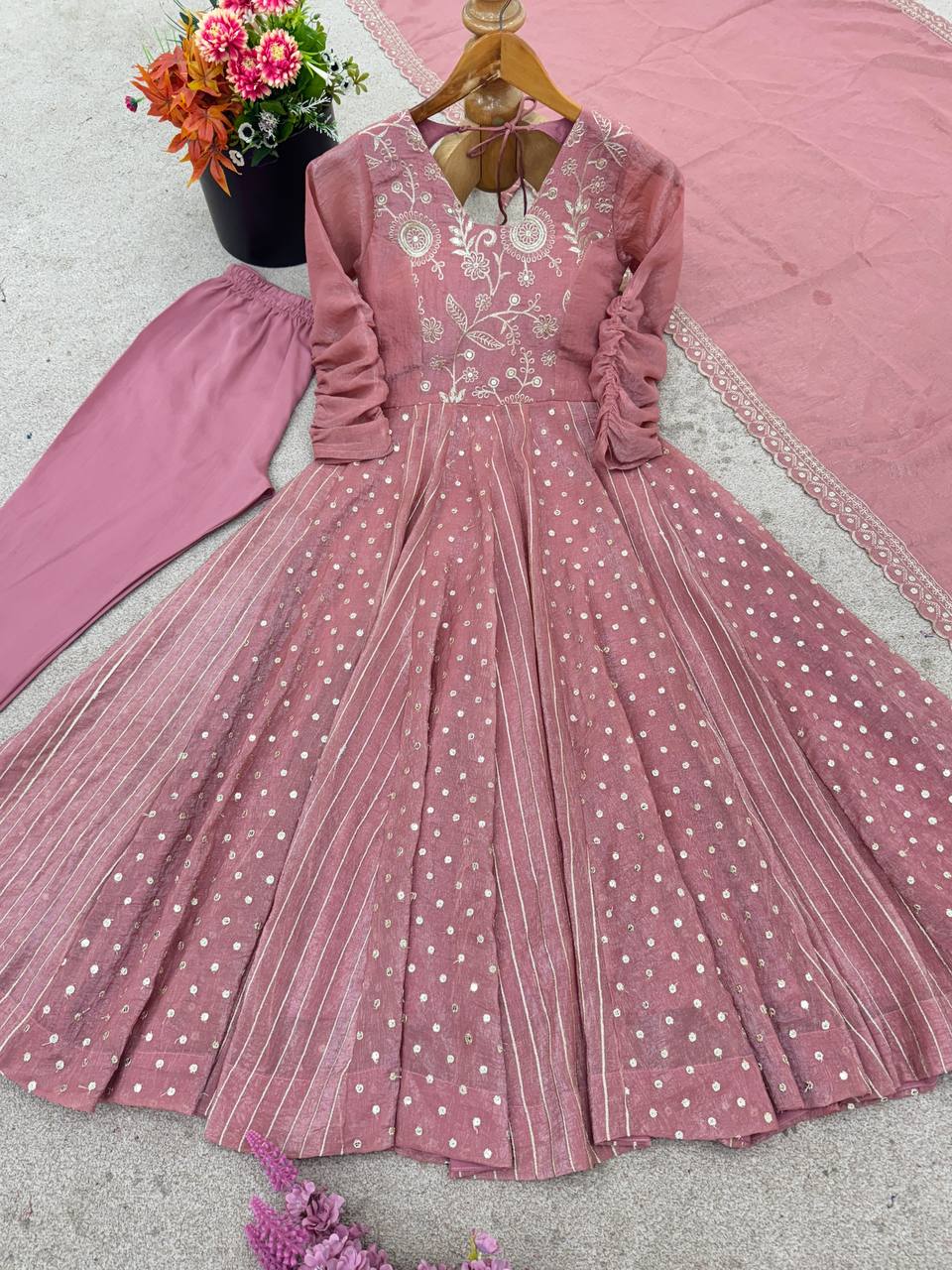 Rose Pink Color Crunchy With Embroidery Work Special Occasion Anarkali Suit