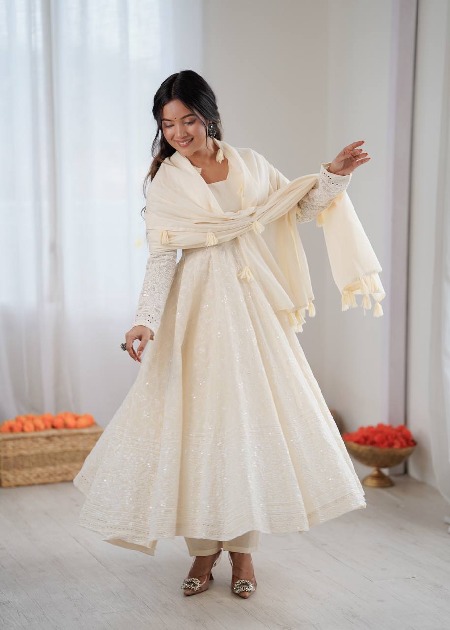 Heavy Embroidered Work Ivory White Anarkali Gown