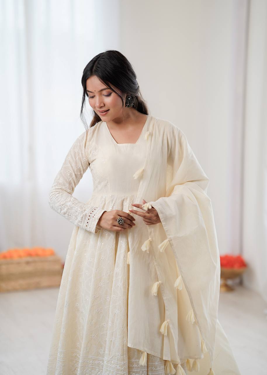 Heavy Embroidered Work Ivory White Anarkali Gown