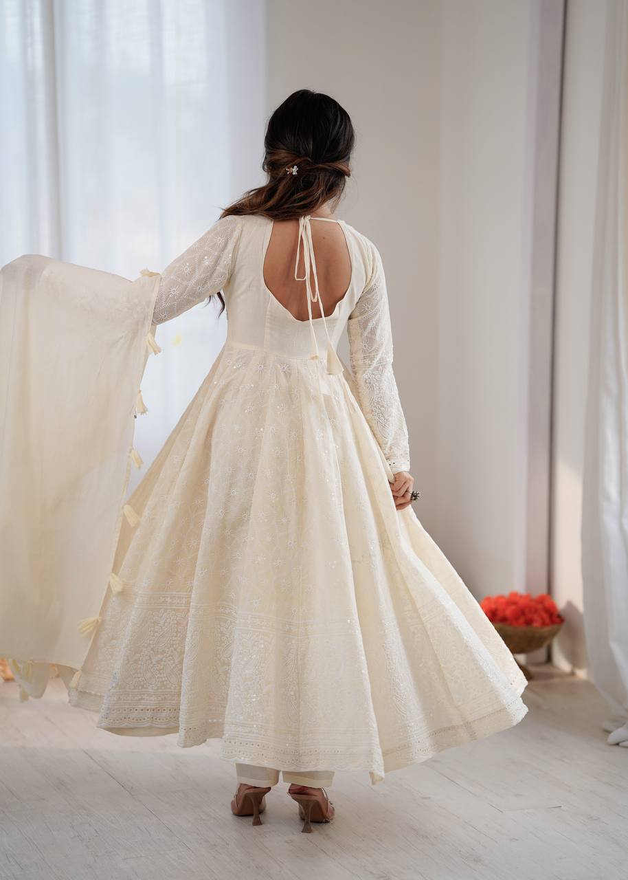 Heavy Embroidered Work Ivory White Anarkali Gown