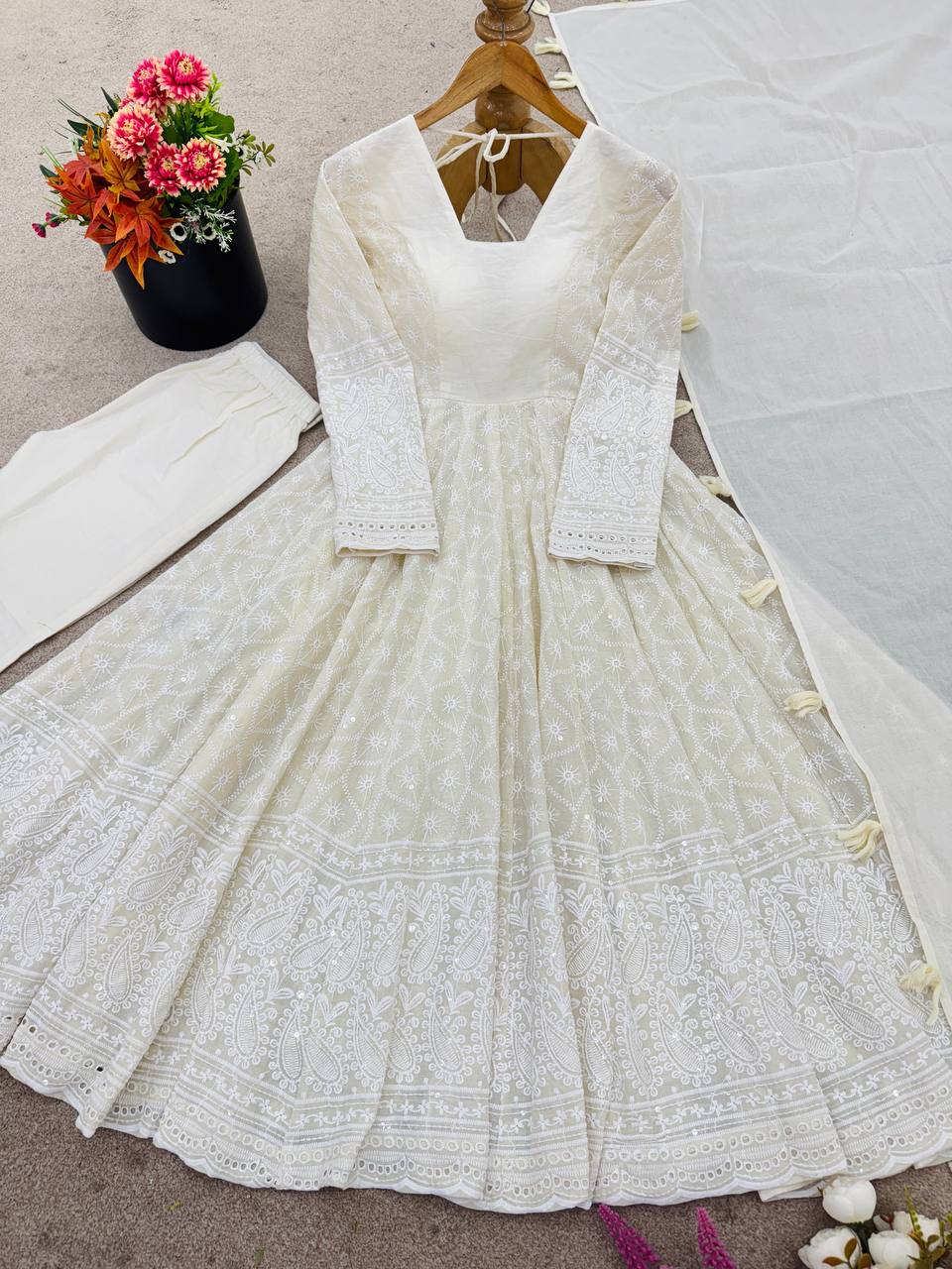 Heavy Embroidered Work Ivory White Anarkali Gown