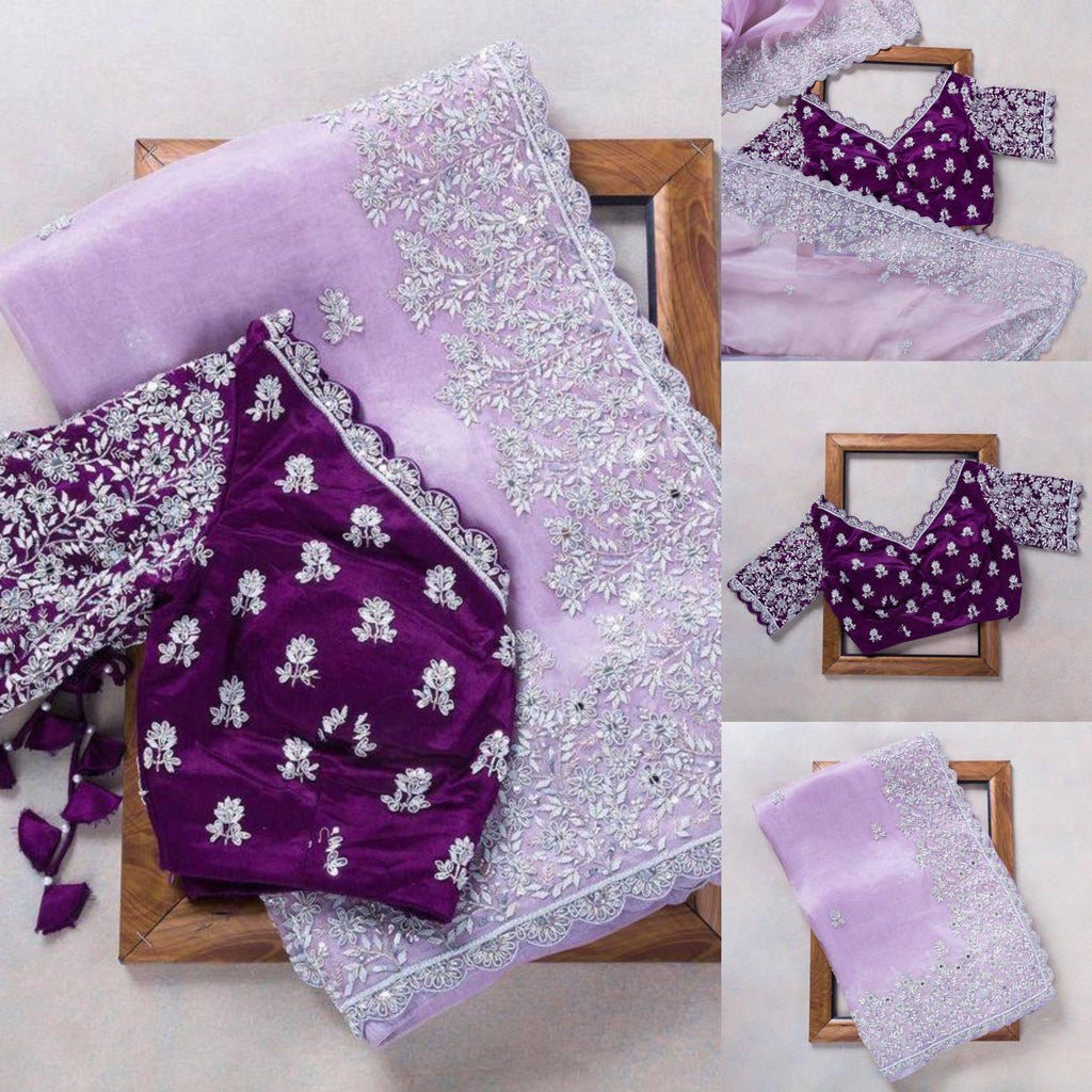 Lavender Organza Embroidery Cutwork Saree