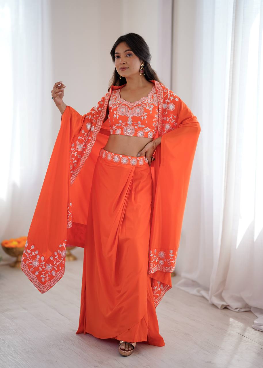 Exclusive Orange Colour Western Dhoti Skirt Set With Dupatta