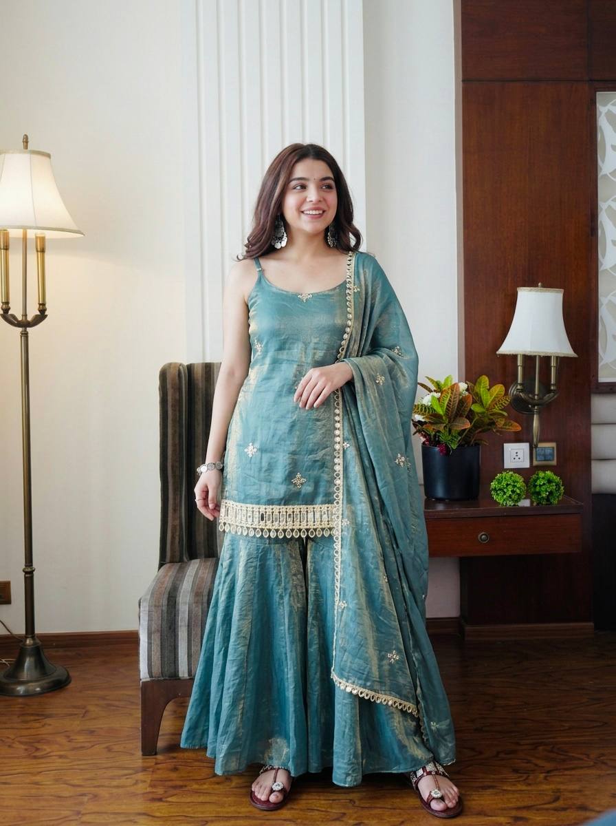 Gunjan Sea Green Teal Ethnic Sharara Suit Set