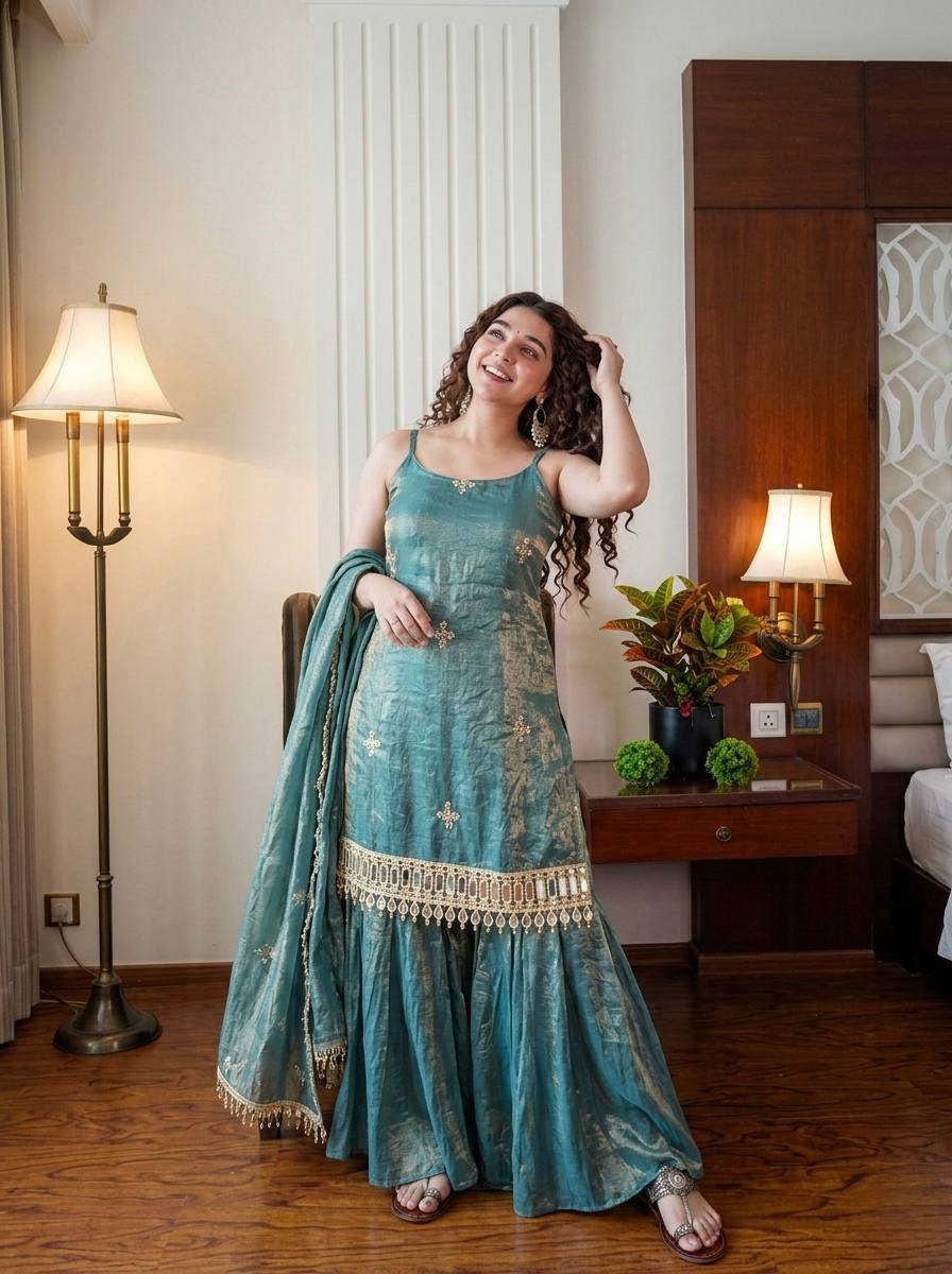 Gunjan Sea Green Teal Ethnic Sharara Suit Set