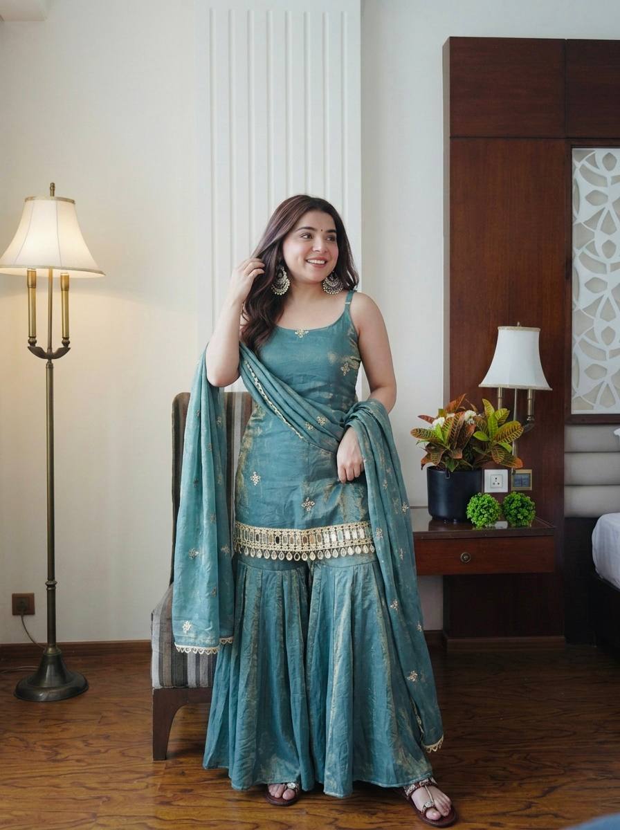 Gunjan Sea Green Teal Ethnic Sharara Suit Set