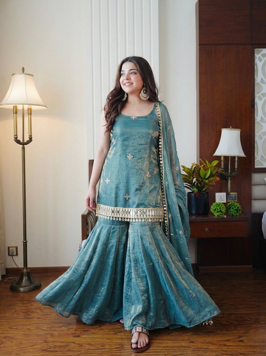 Gunjan Sea Green Teal Ethnic Sharara Suit Set