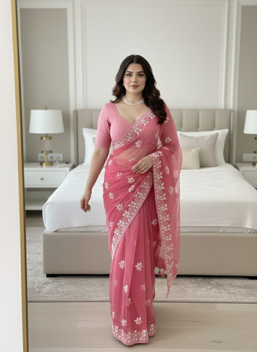 Exclusive Pink Color C-Pallu Embroidery Work Saree