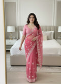 Exclusive Pink Color C-Pallu Embroidery Work Saree