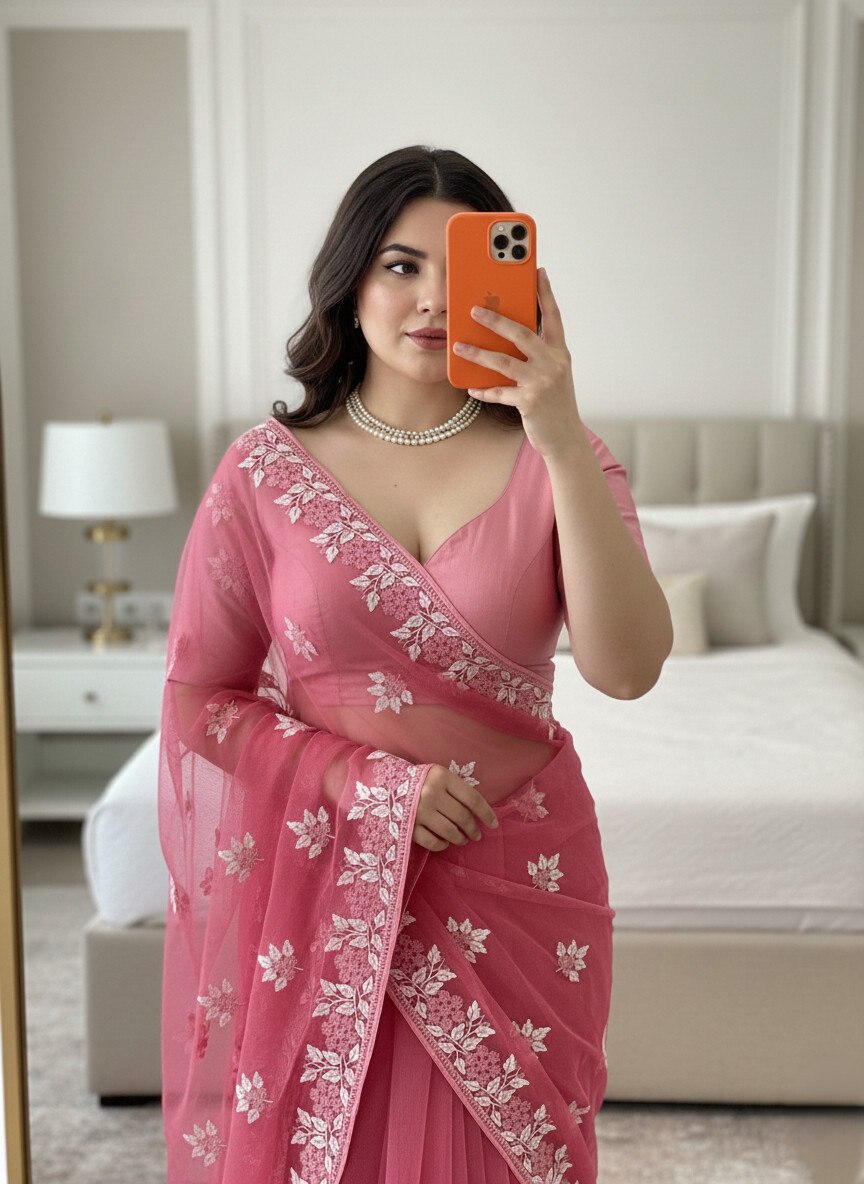 Exclusive Pink Color C-Pallu Embroidery Work Saree