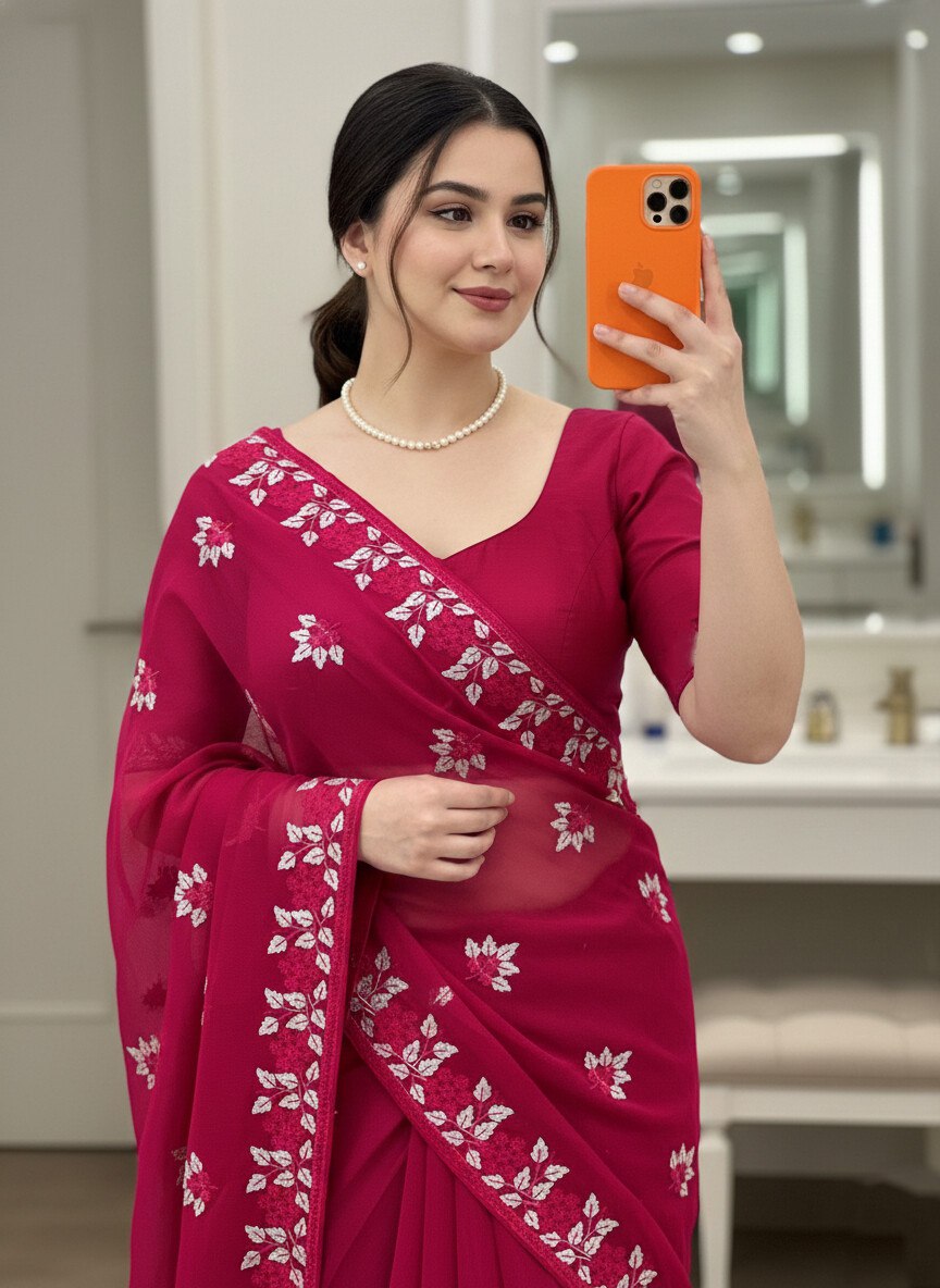 Festive Maroon Soft Net Embroidery Work Saree
