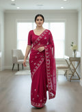 Festive Maroon Soft Net Embroidery Work Saree