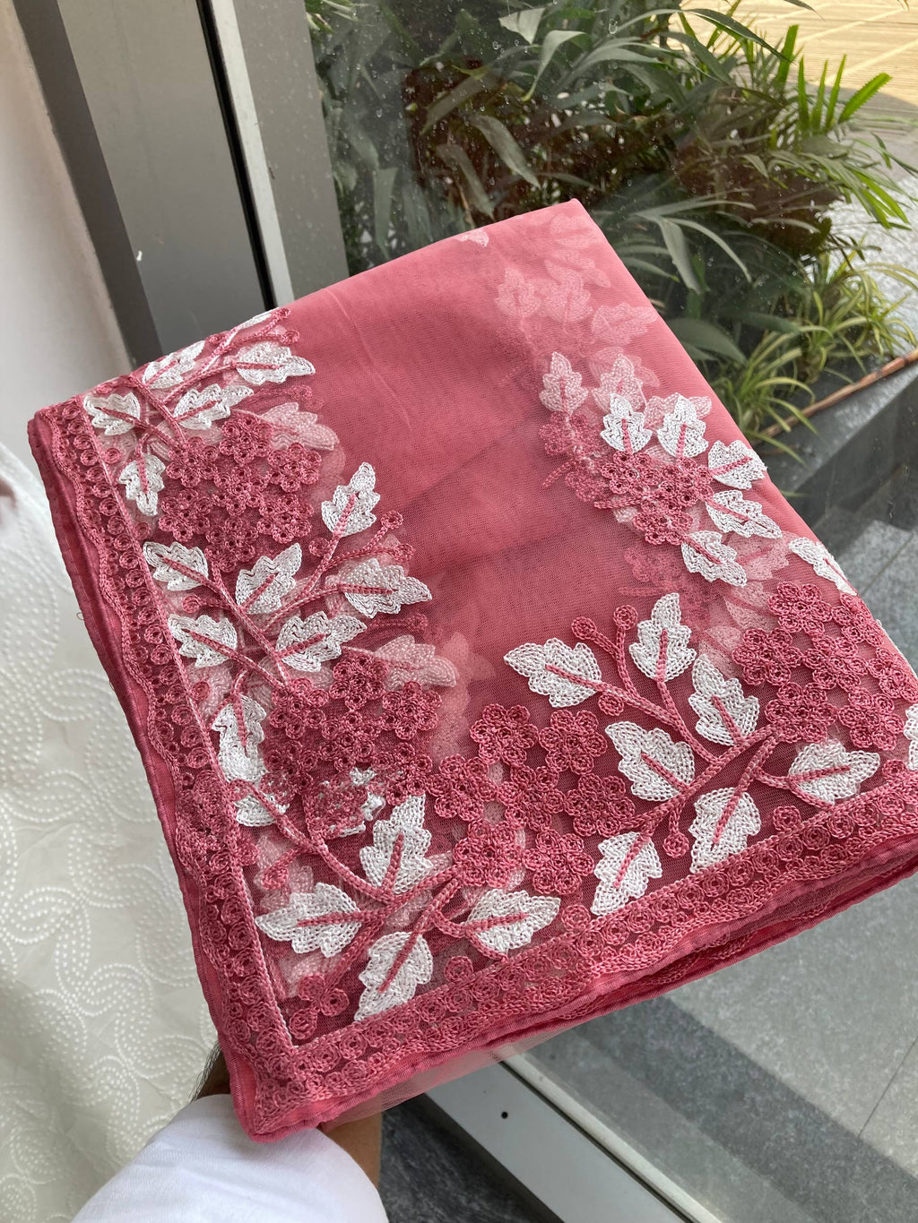 Exclusive Pink Color C-Pallu Embroidery Work Saree