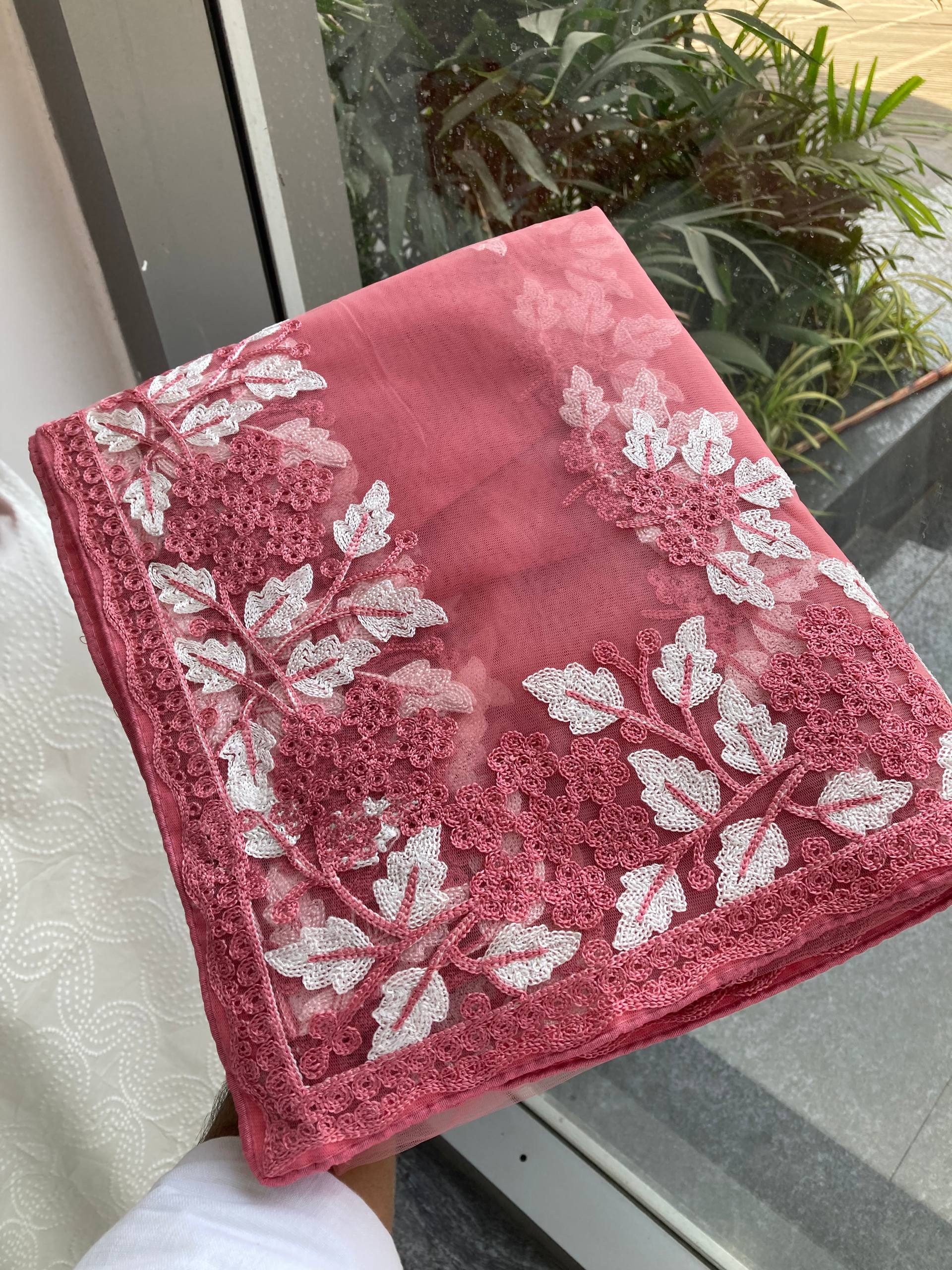Exclusive Pink Color C-Pallu Embroidery Work Saree