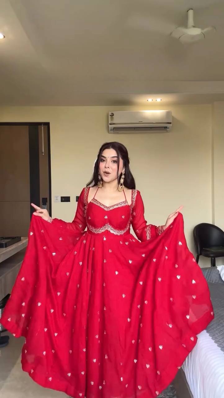 Stunning Red Colour Foux Gorgette sequence Work Anarkali Gown