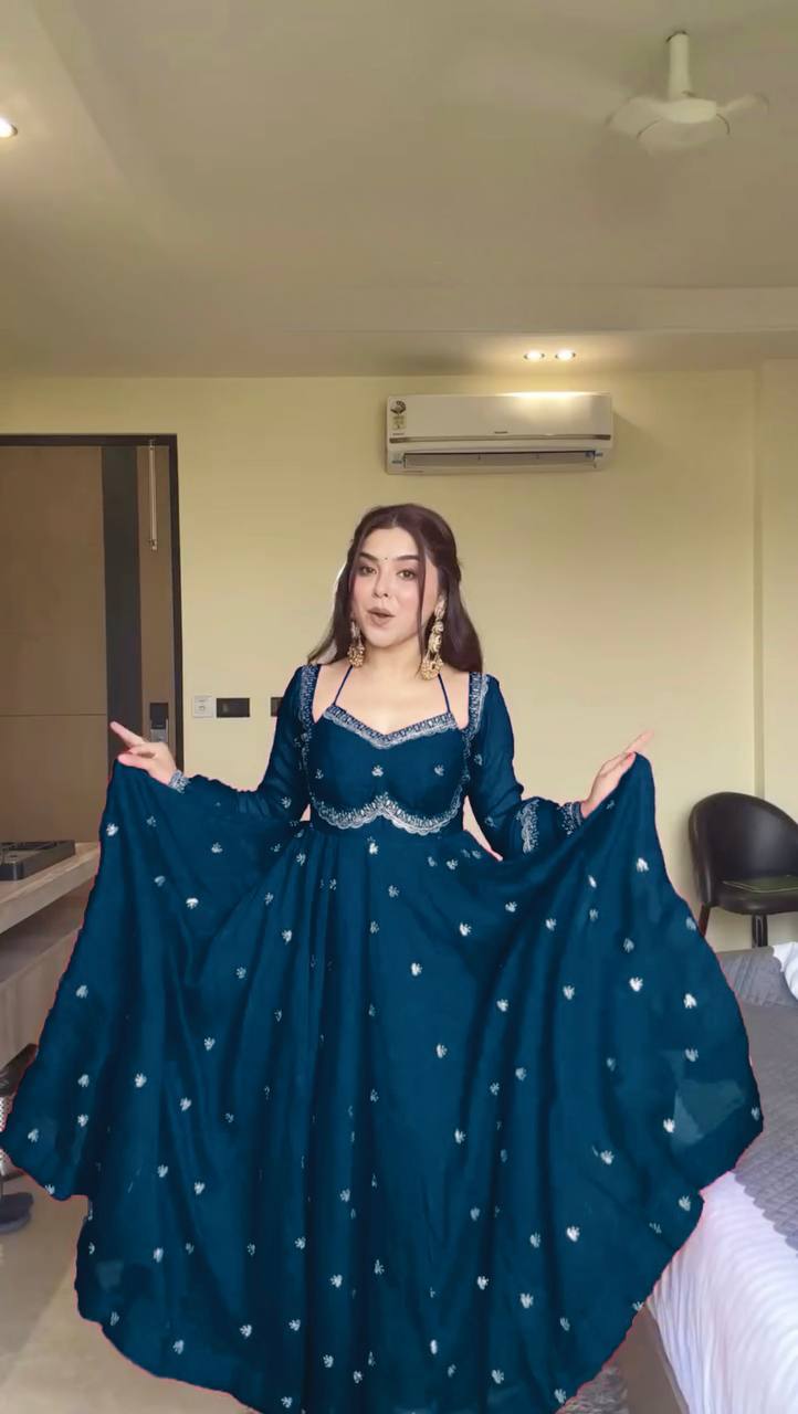 Designer Bottle Green Gown With Sequence Embroidery Work