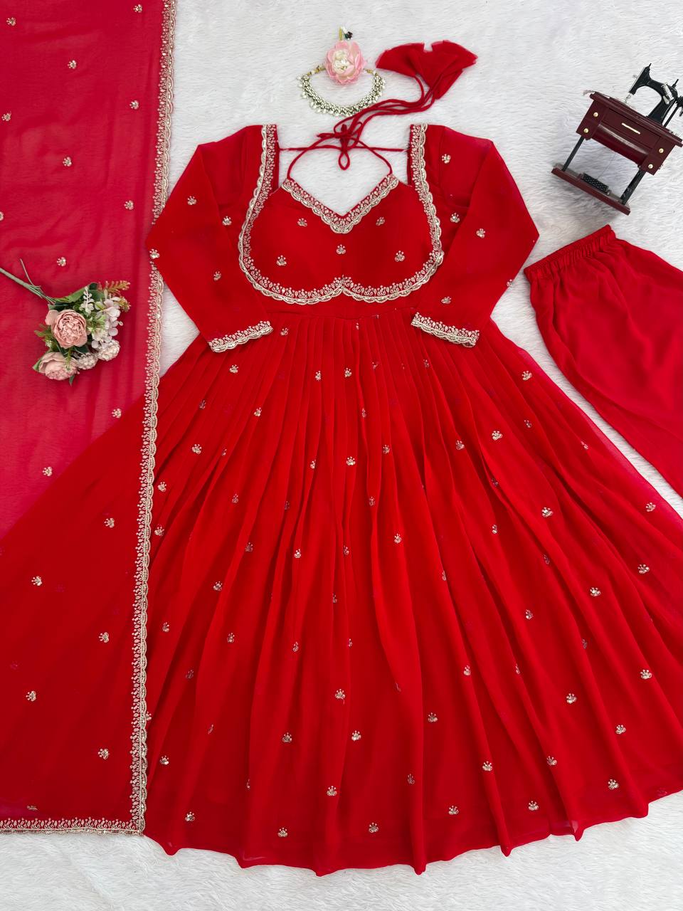Stunning Red Colour Foux Gorgette sequence Work Anarkali Gown